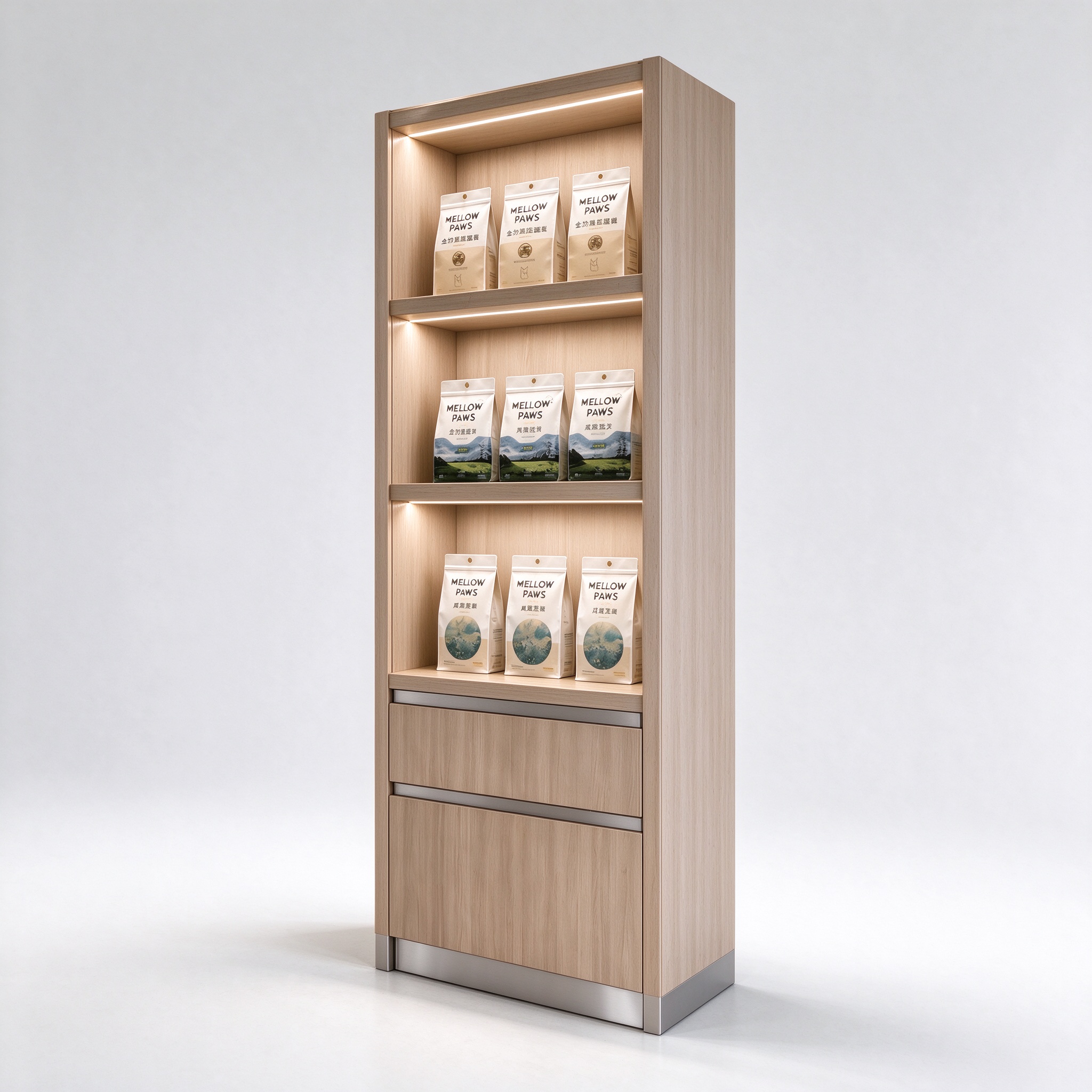 Narrow LED lit wood wall display cabinet left angle view
