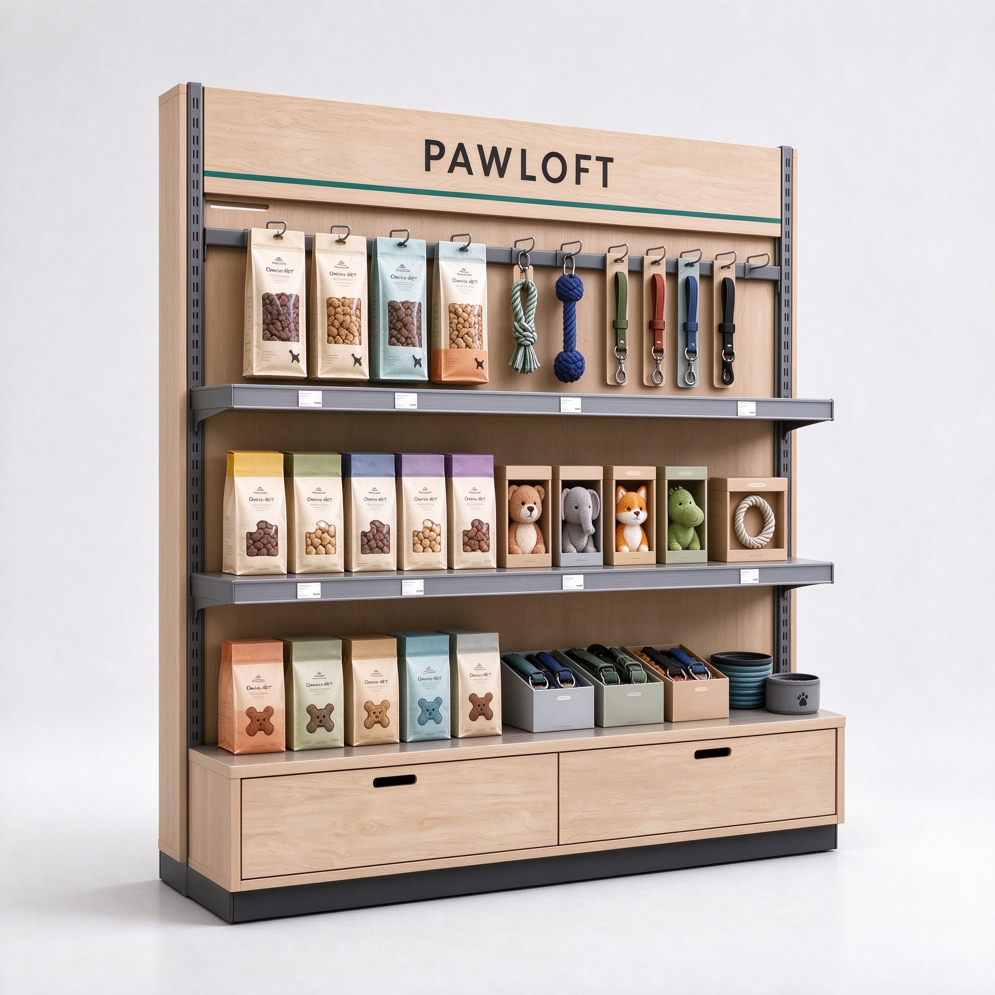 Hook rail wood wall display unit left angle view