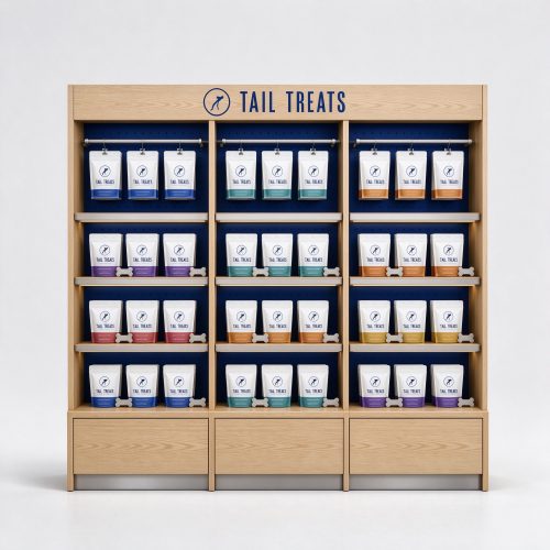 Twelve shelf pet food display front view