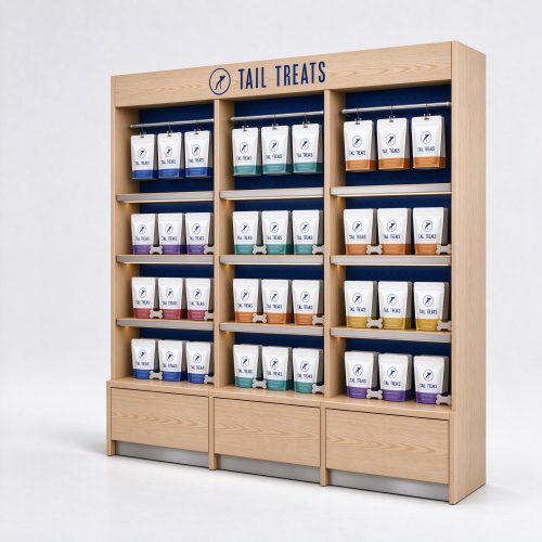 Three column pegboard back wood wall display left angle view