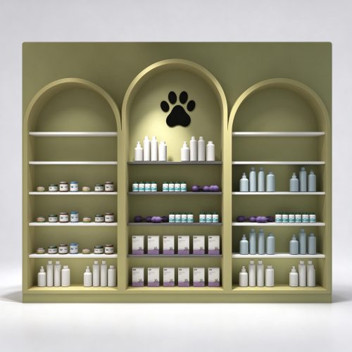 Three arched bay pet care display front view