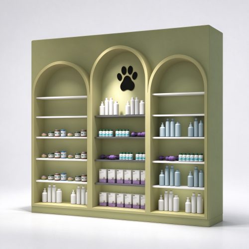 Arched compartment wall shelving unit left angle view