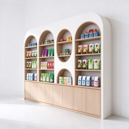 Irregular arched opening wood wall shelving left angle view