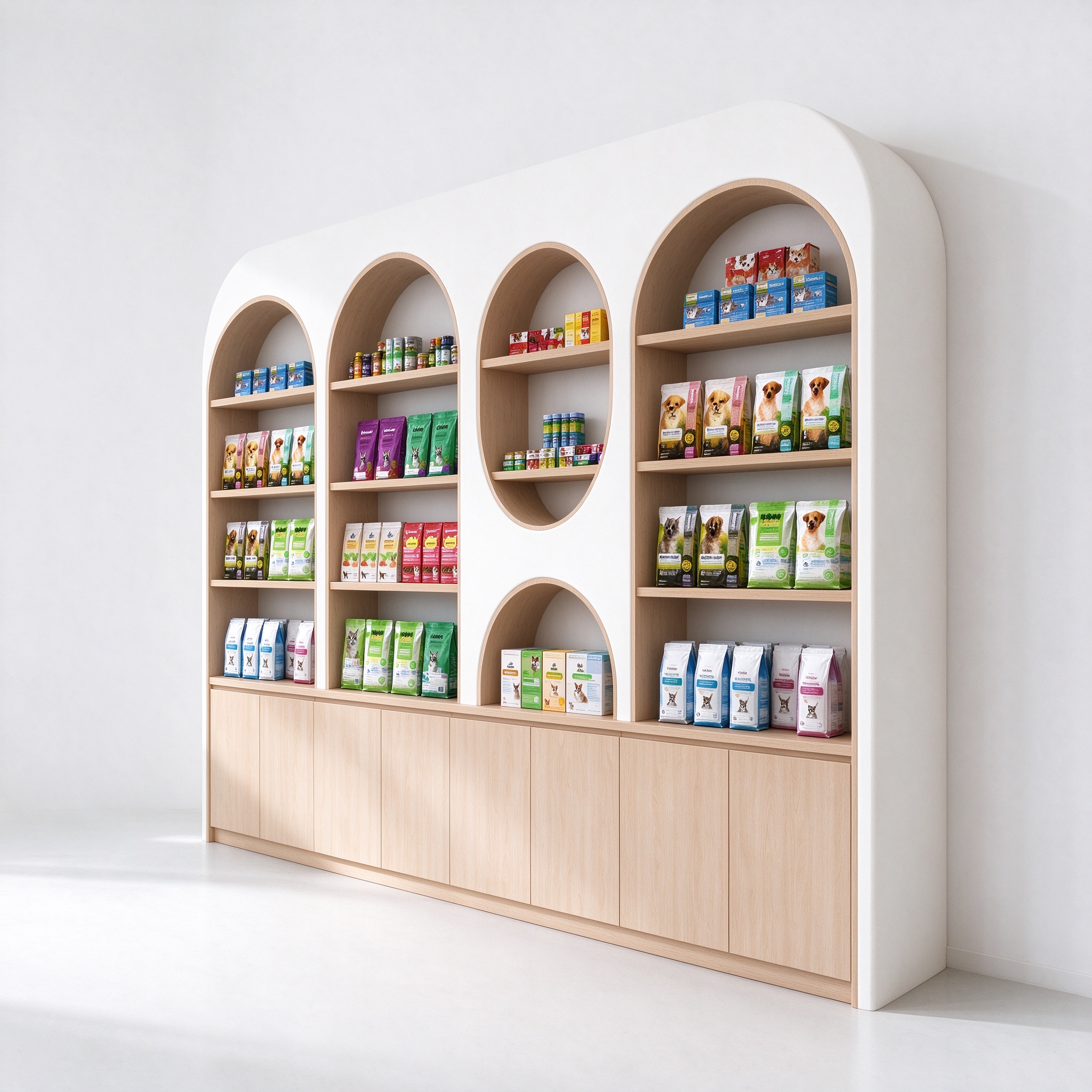 Irregular arched opening wood wall shelving left angle view
