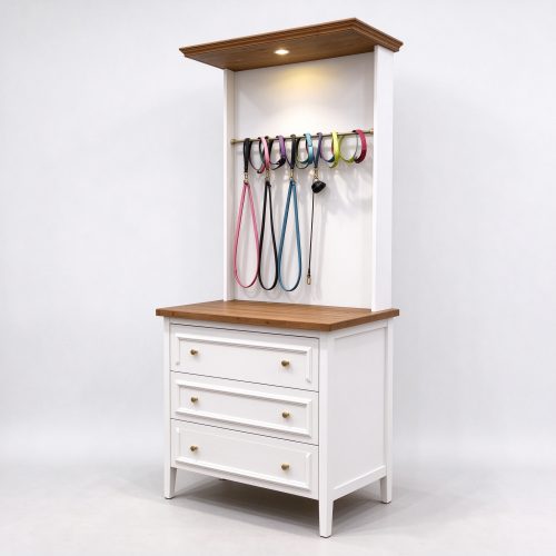 Leash hanging dresser display cabinet left angle view