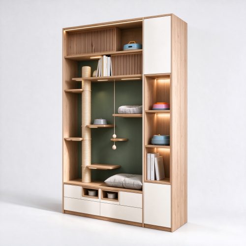 Cat tree integrated wood wall display unit left angle view