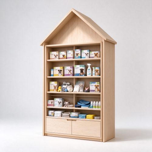 Gable top house shaped wood wall shelving left angle view