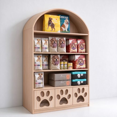 Paw print bottom arched wood wall shelving left angle view