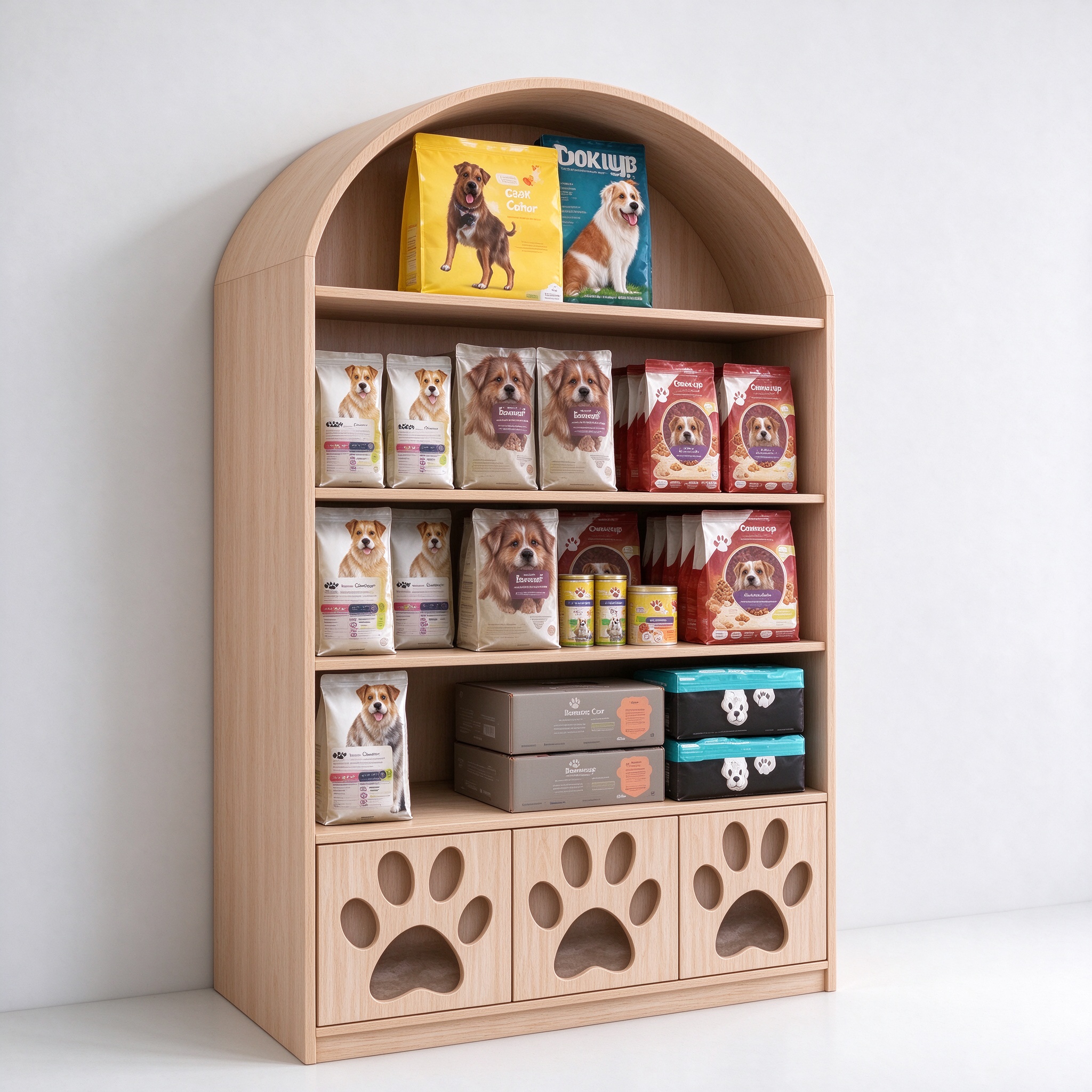 Paw print bottom arched wood wall shelving left angle view