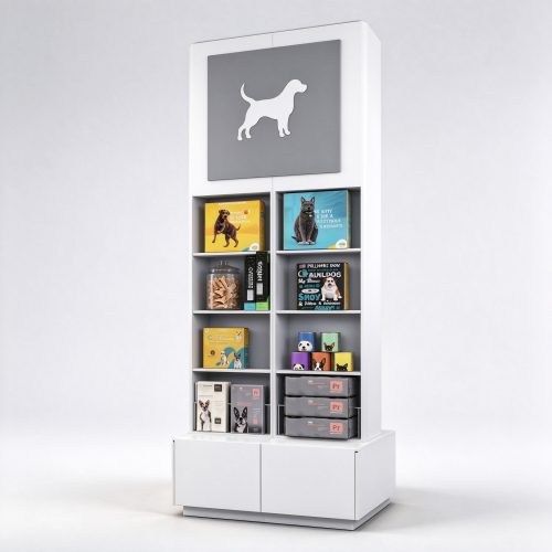 Dog silhouette top white corner display cabinet left angle view