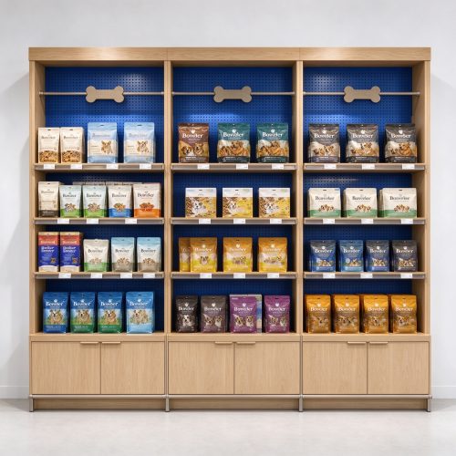 Pegboard back pet food display front view