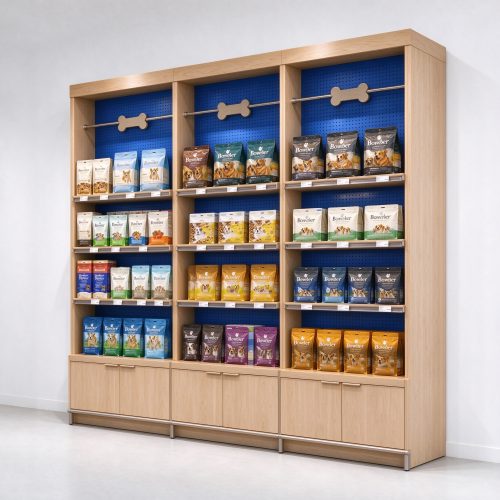 Blue backed three bay wood wall pet food shelving left angle view