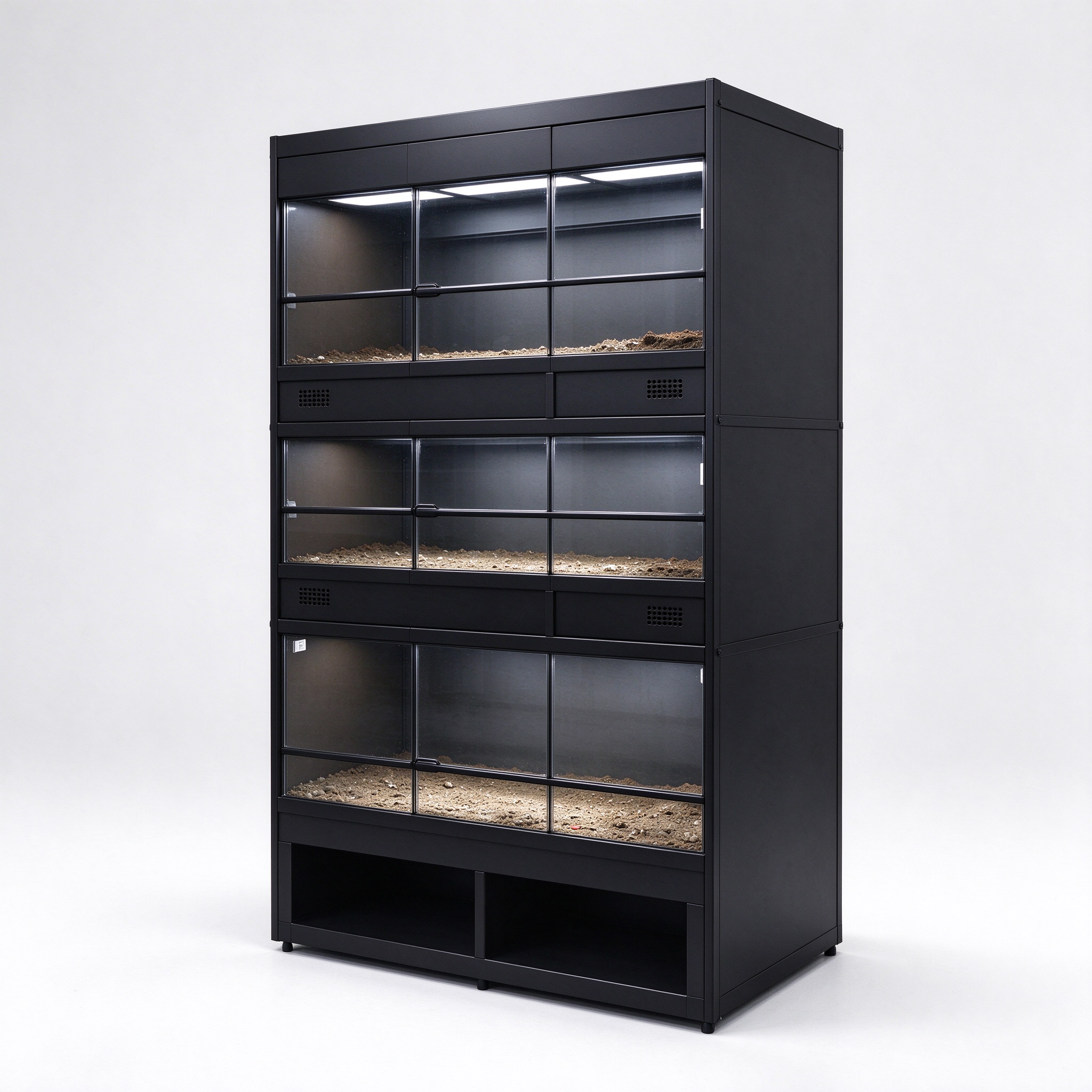 Reptile habitat rack with three glass front enclosures left angle view