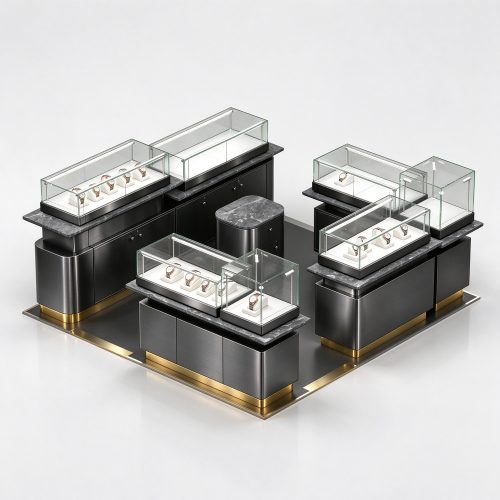 Black brushed titanium watch display kiosk with marble tops and gold plinth, front view