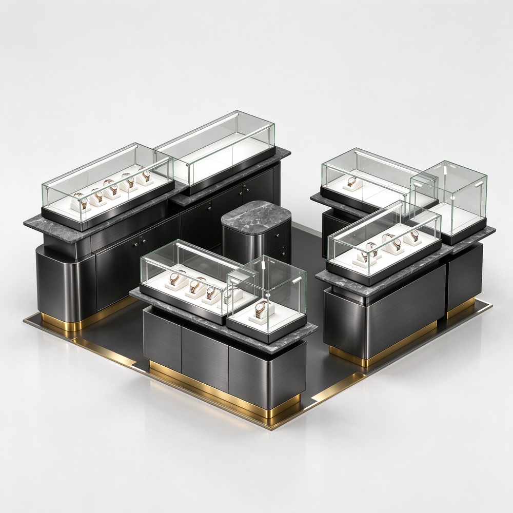 Black brushed titanium watch display kiosk with marble tops and gold plinth, front view