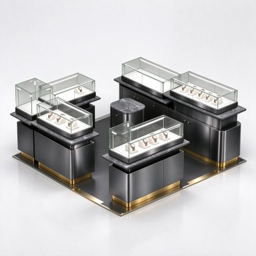 Black brushed titanium watch display kiosk, left 45 degree view
