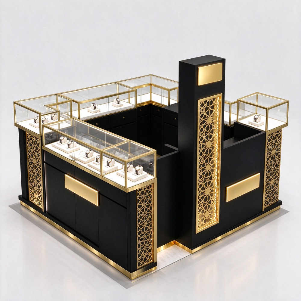 Black and gold watch display kiosk, left 45 degree view