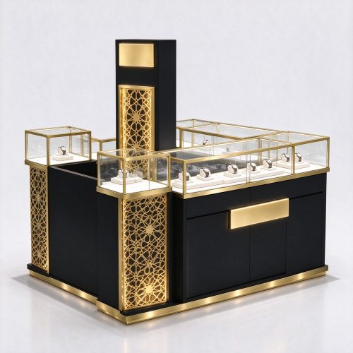 Black and gold watch display kiosk, right 45 degree view