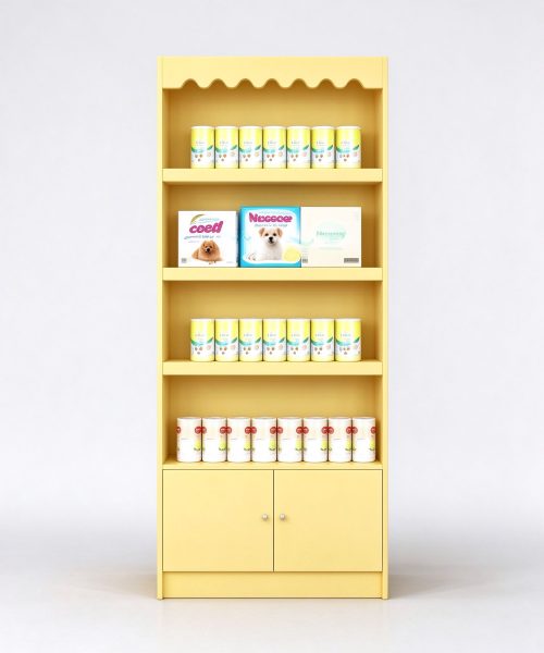 Butter yellow scalloped edge pet display cabinet front view