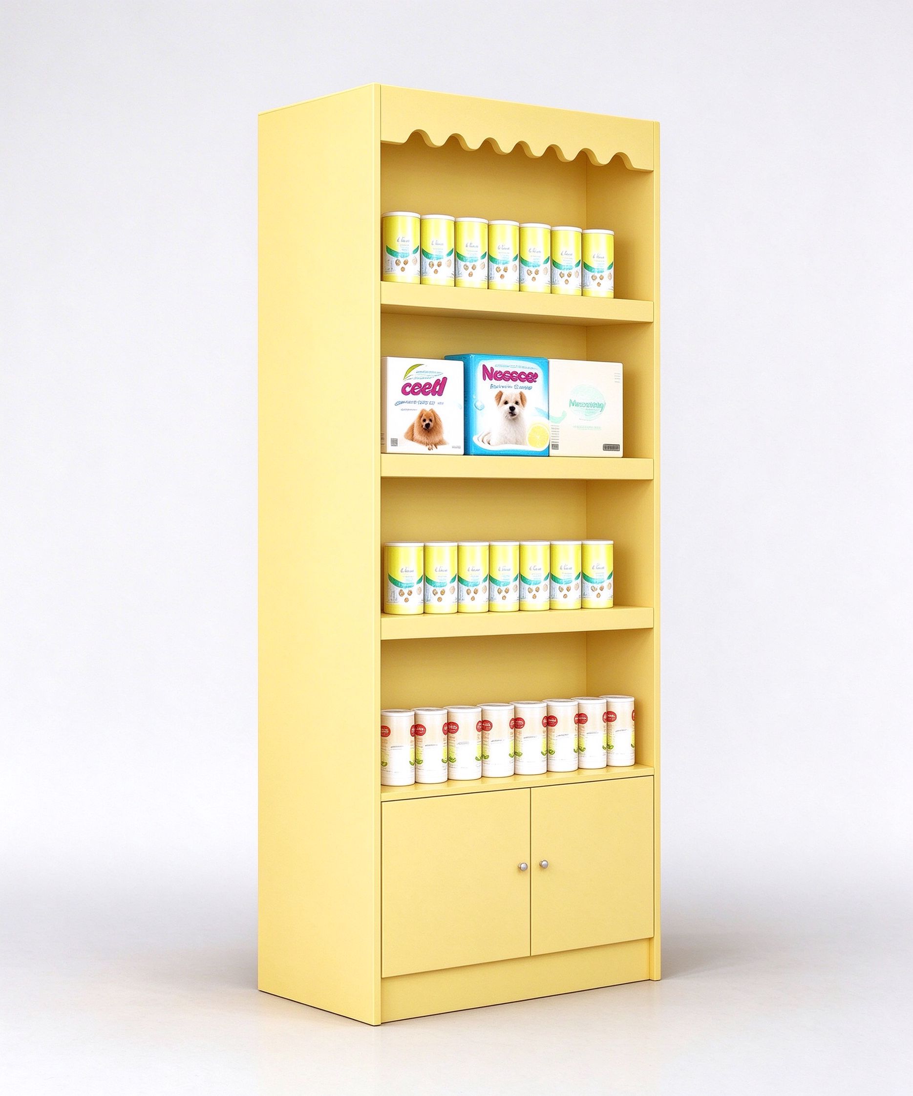 Butter yellow wavy-top pet display cabinet left angle view