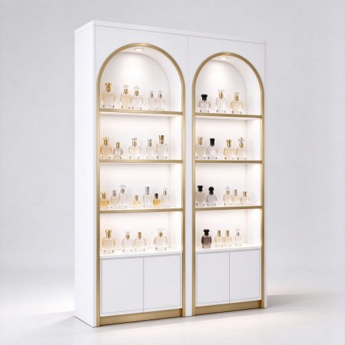 White arched champagne gold trim perfume display cabinet left 45 degree angle view