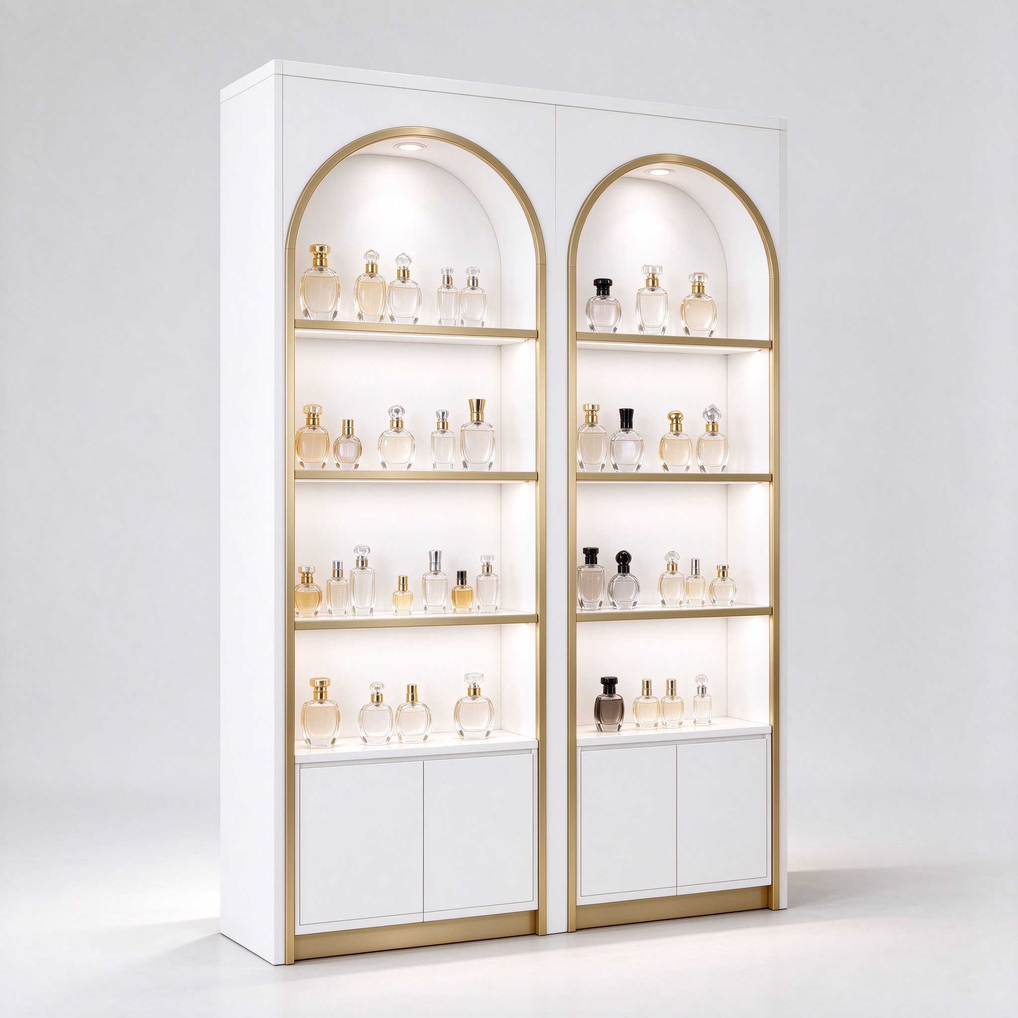White arched champagne gold trim perfume display cabinet left 45 degree angle view