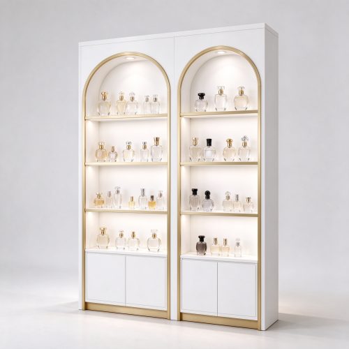 White arched champagne gold trim perfume display cabinet right 45 degree angle view