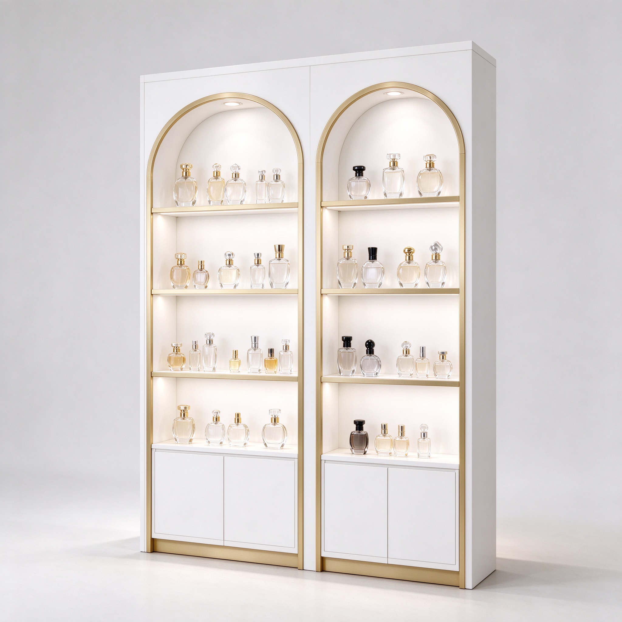White arched champagne gold trim perfume display cabinet right 45 degree angle view