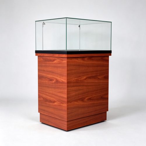 Cherry wood museum display case left 45 degree view