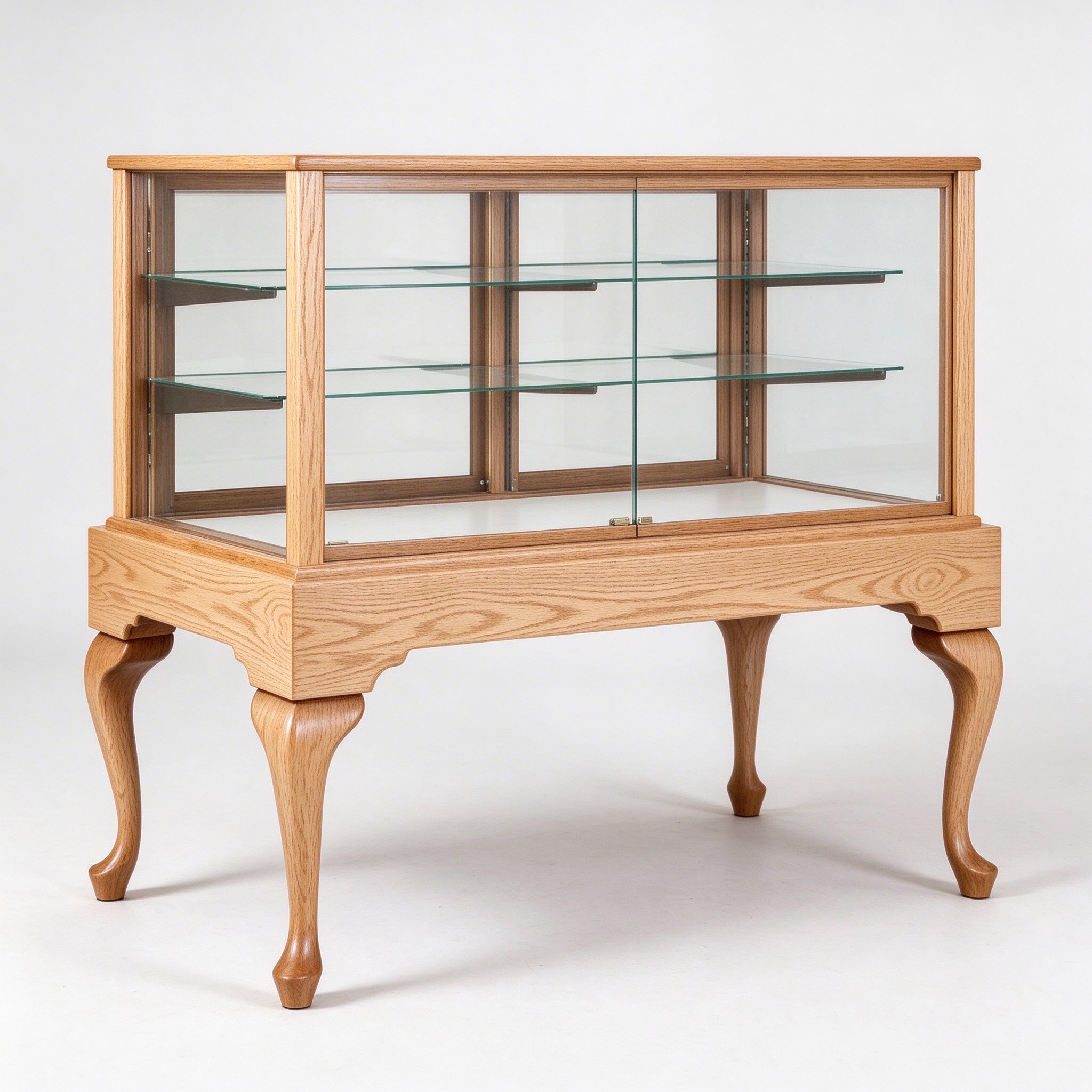 White oak wood counter glass display case left 45 degree view