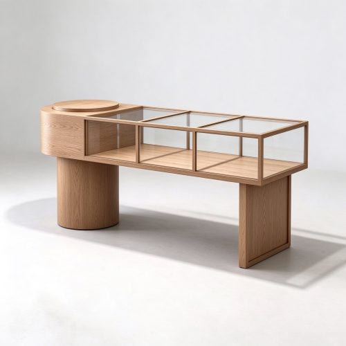 Minimalist light oak glass display showcase left 45 degree view