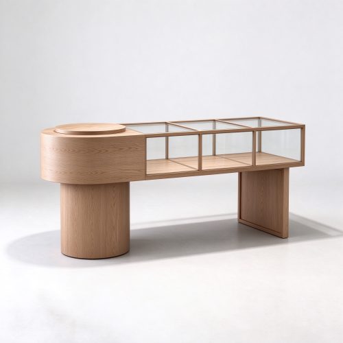 Minimalist light oak glass display showcase right 45 degree view
