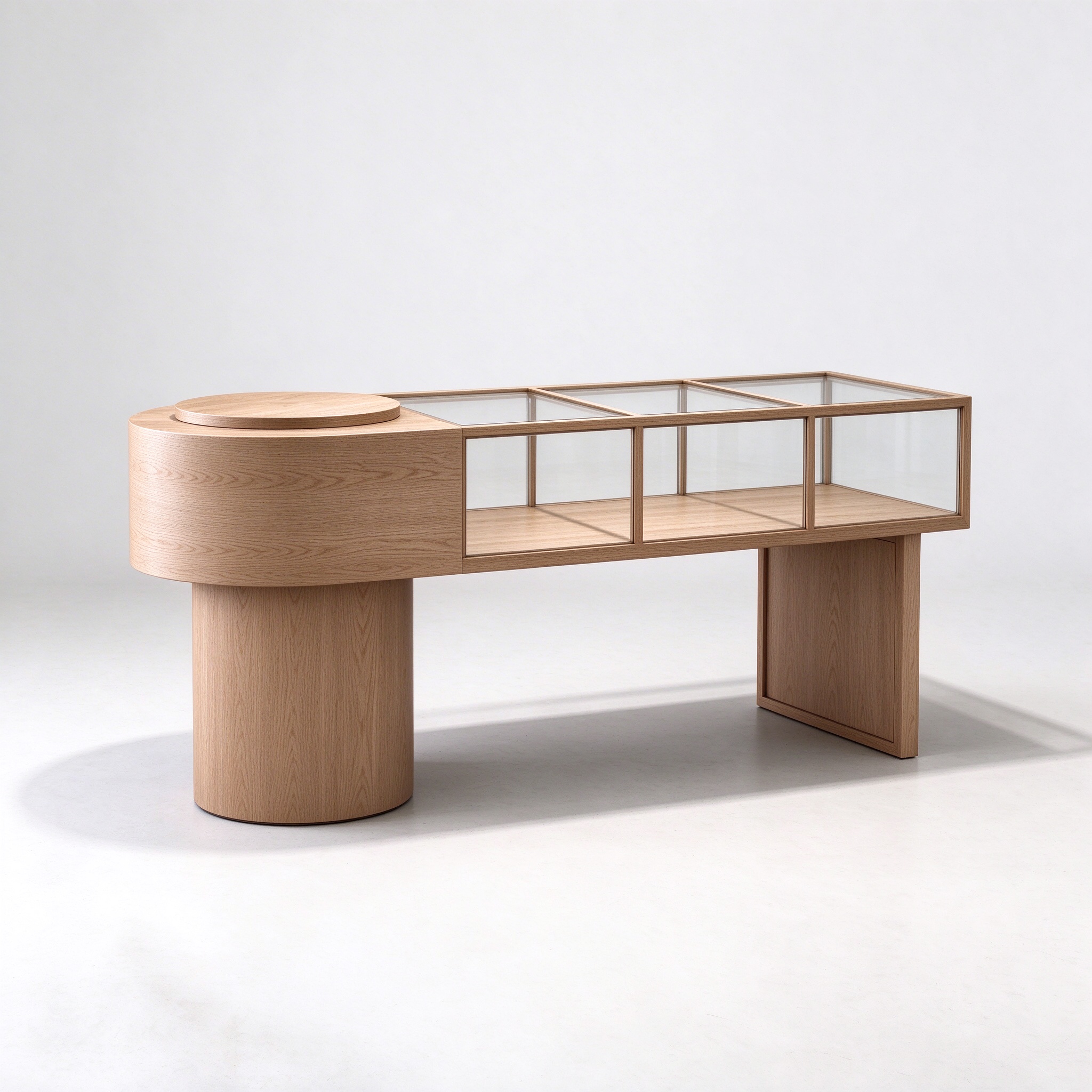Minimalist light oak glass display showcase right 45 degree view