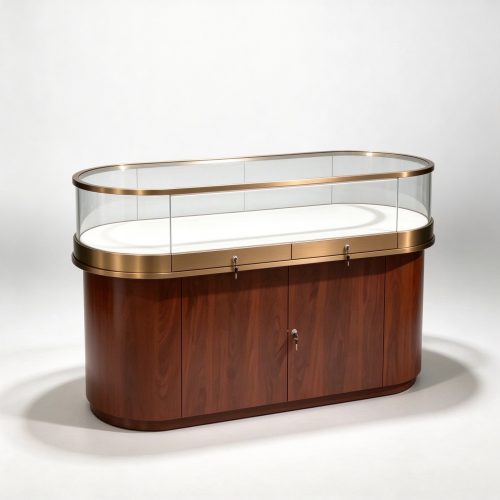 Oval jewelry showcase counter left 45 degree view