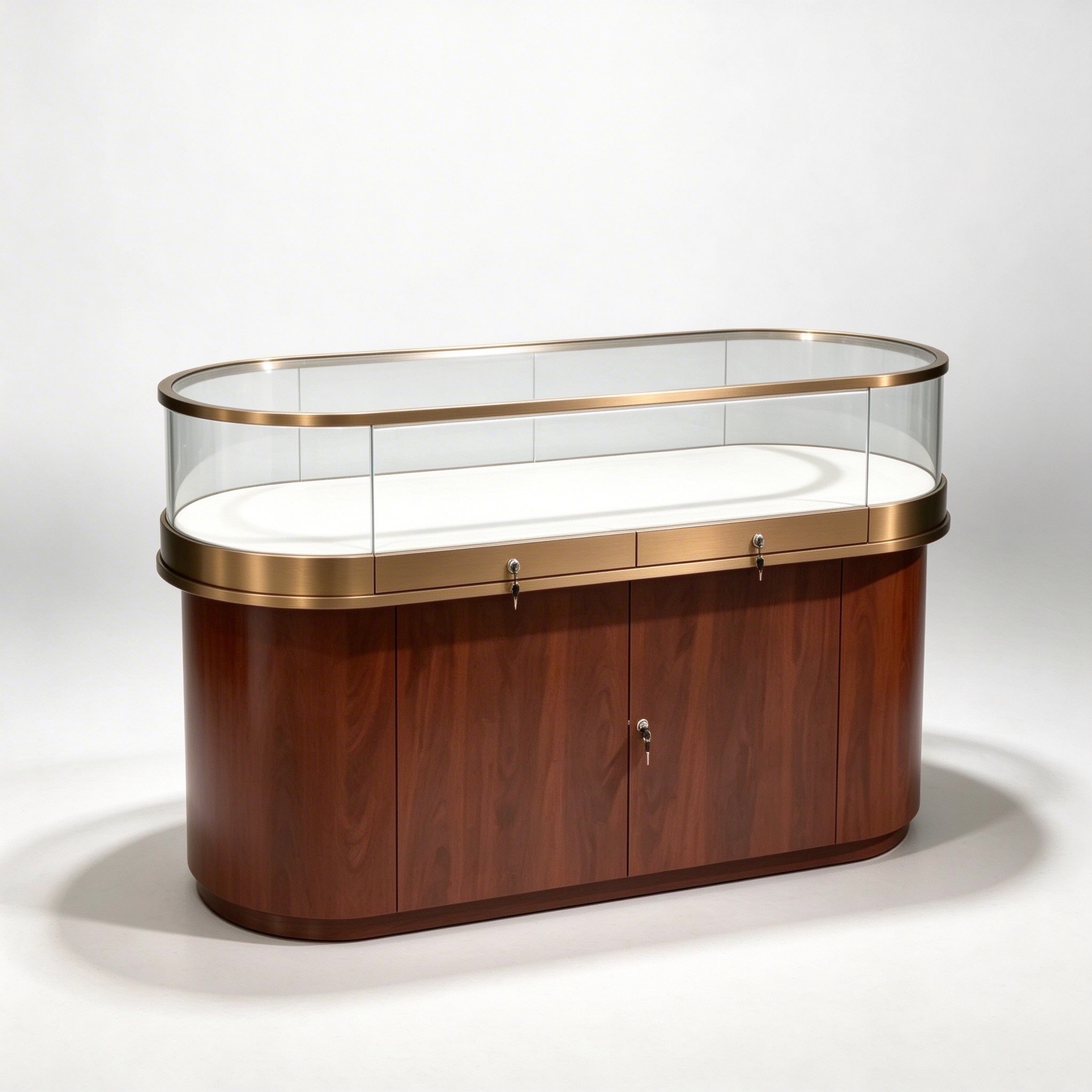 Oval jewelry showcase counter left 45 degree view