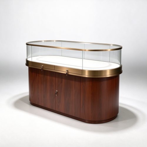 Oval jewelry showcase counter right 45 degree view