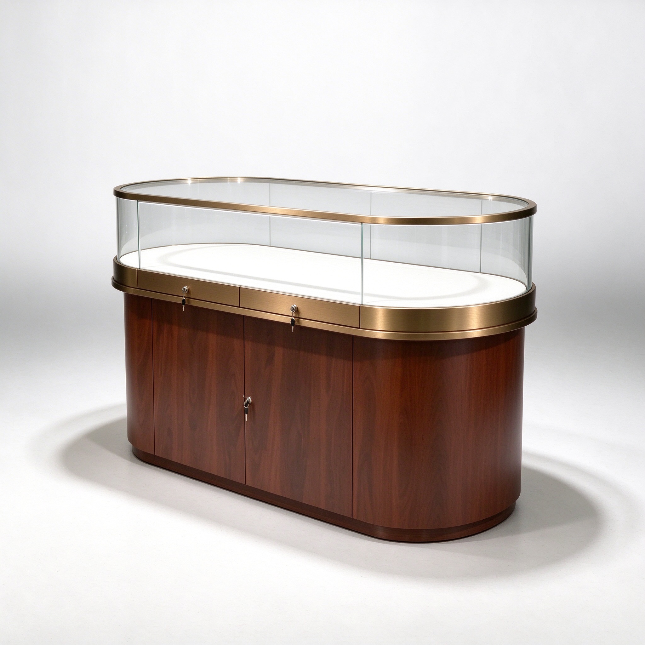 Oval jewelry showcase counter right 45 degree view