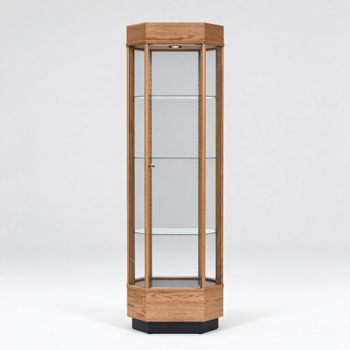 Tall octagon wood glass display cabinet left 45 degree view