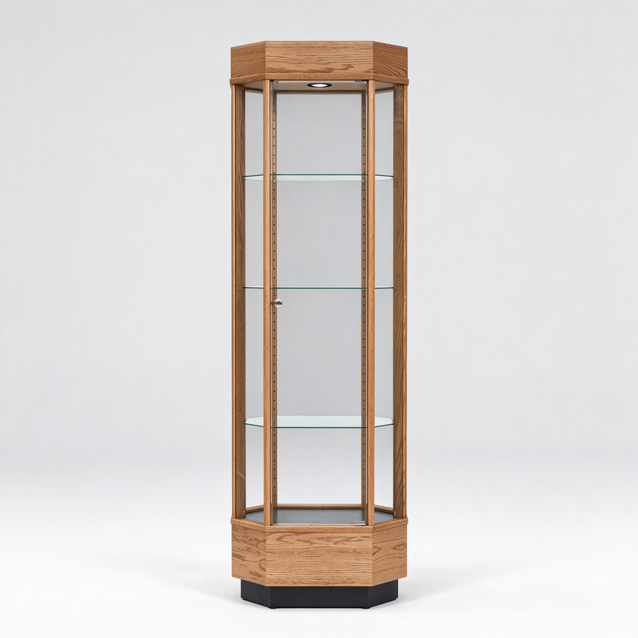 Tall octagon wood glass display cabinet left 45 degree view