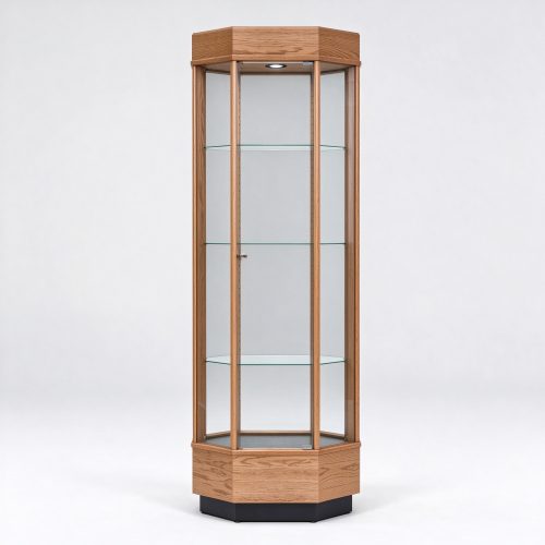 Tall octagon wood glass display cabinet right 45 degree view