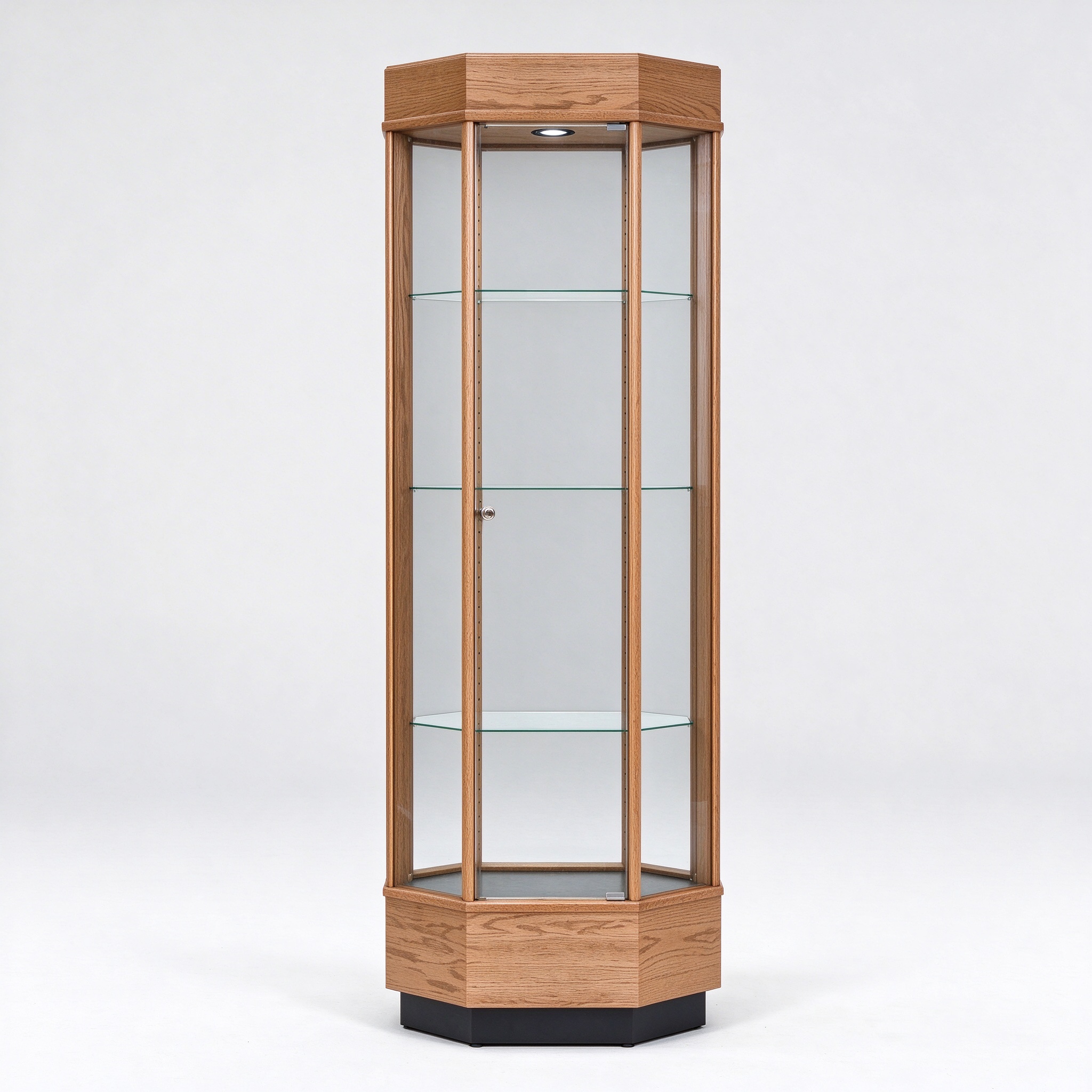 Tall octagon wood glass display cabinet right 45 degree view