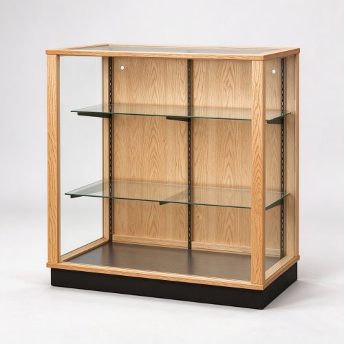 Oak wood glass display showcase left 45 degree view