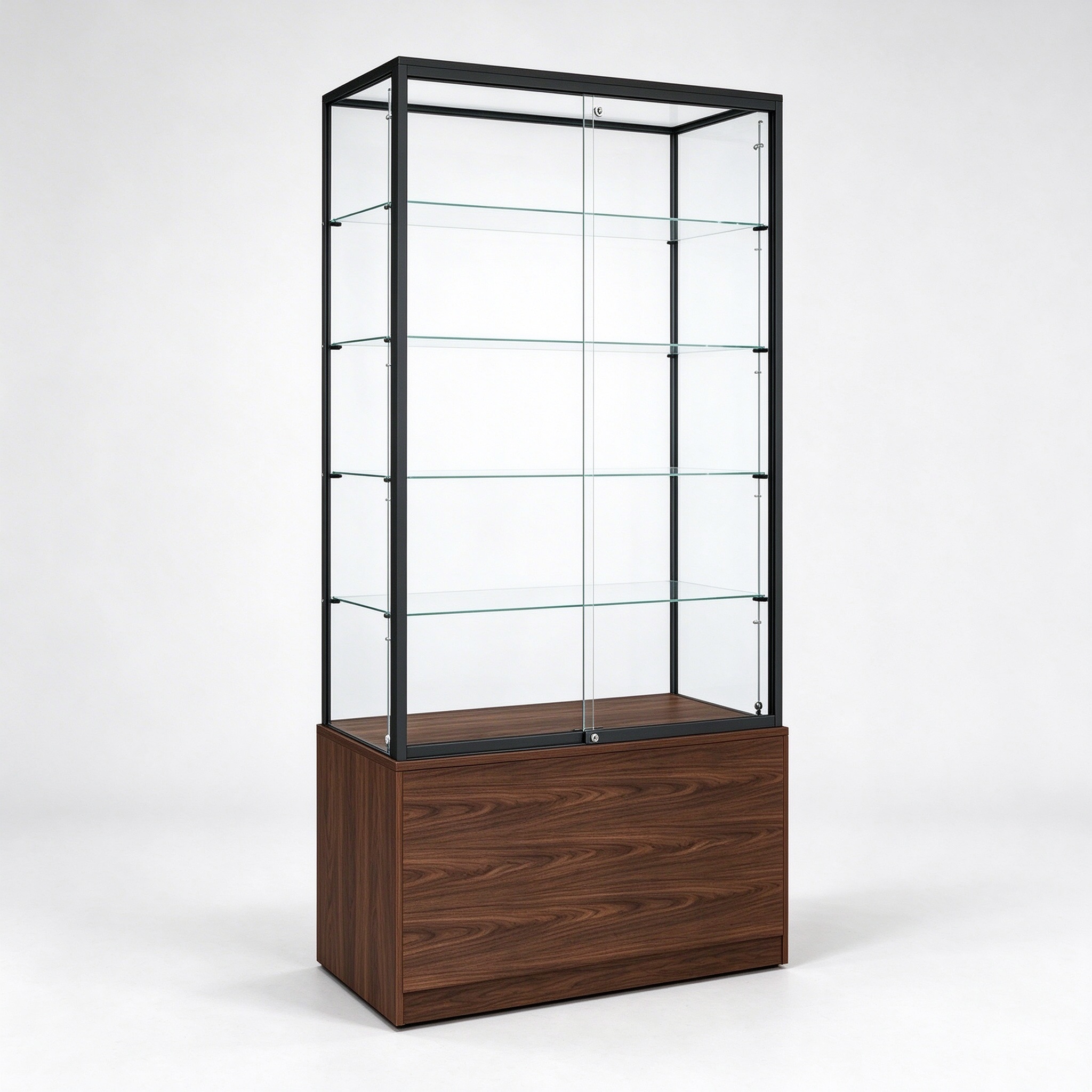 Walnut wood trophy glass display showcase left 45 degree view
