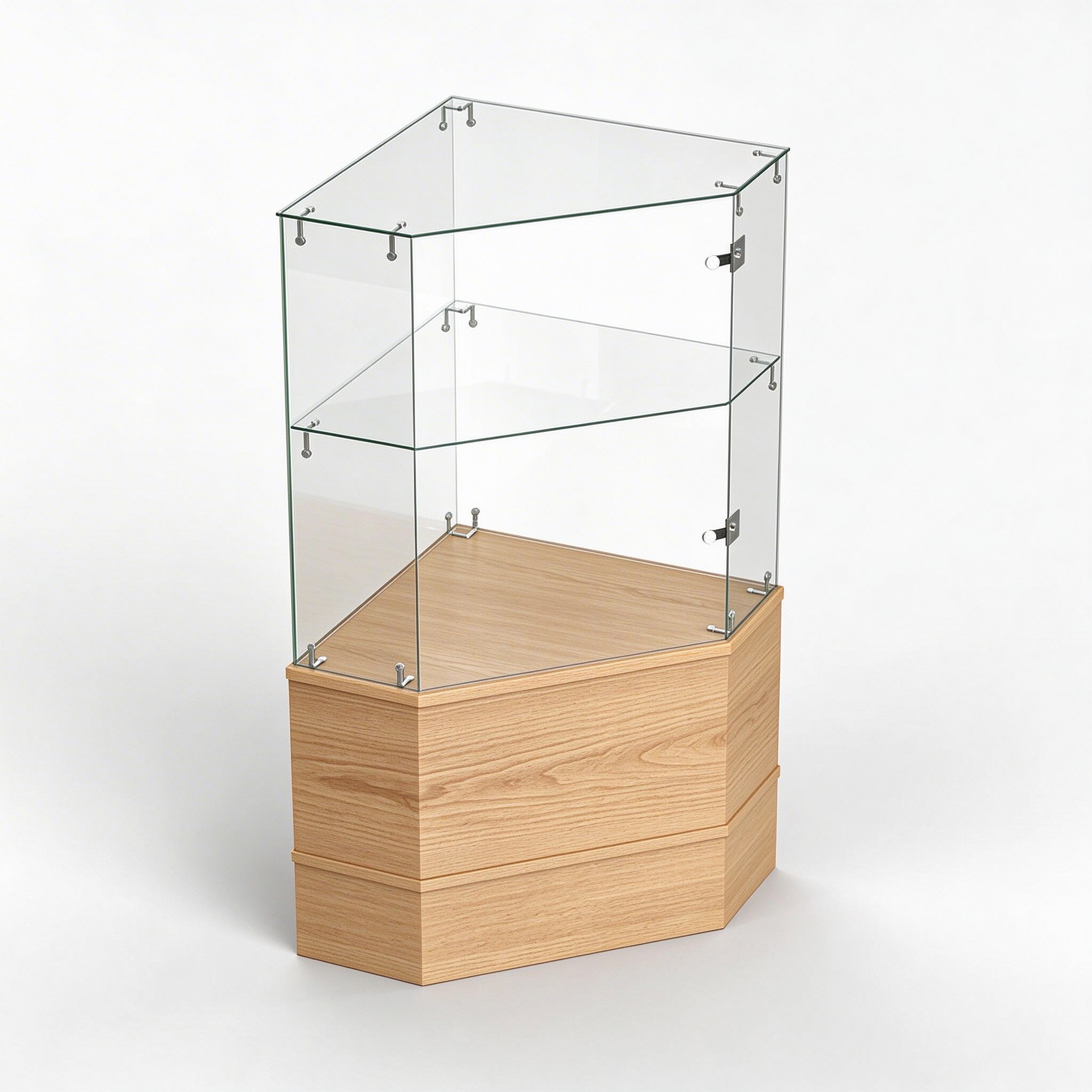 Corner wooden display case frameless glass left 45 degree view