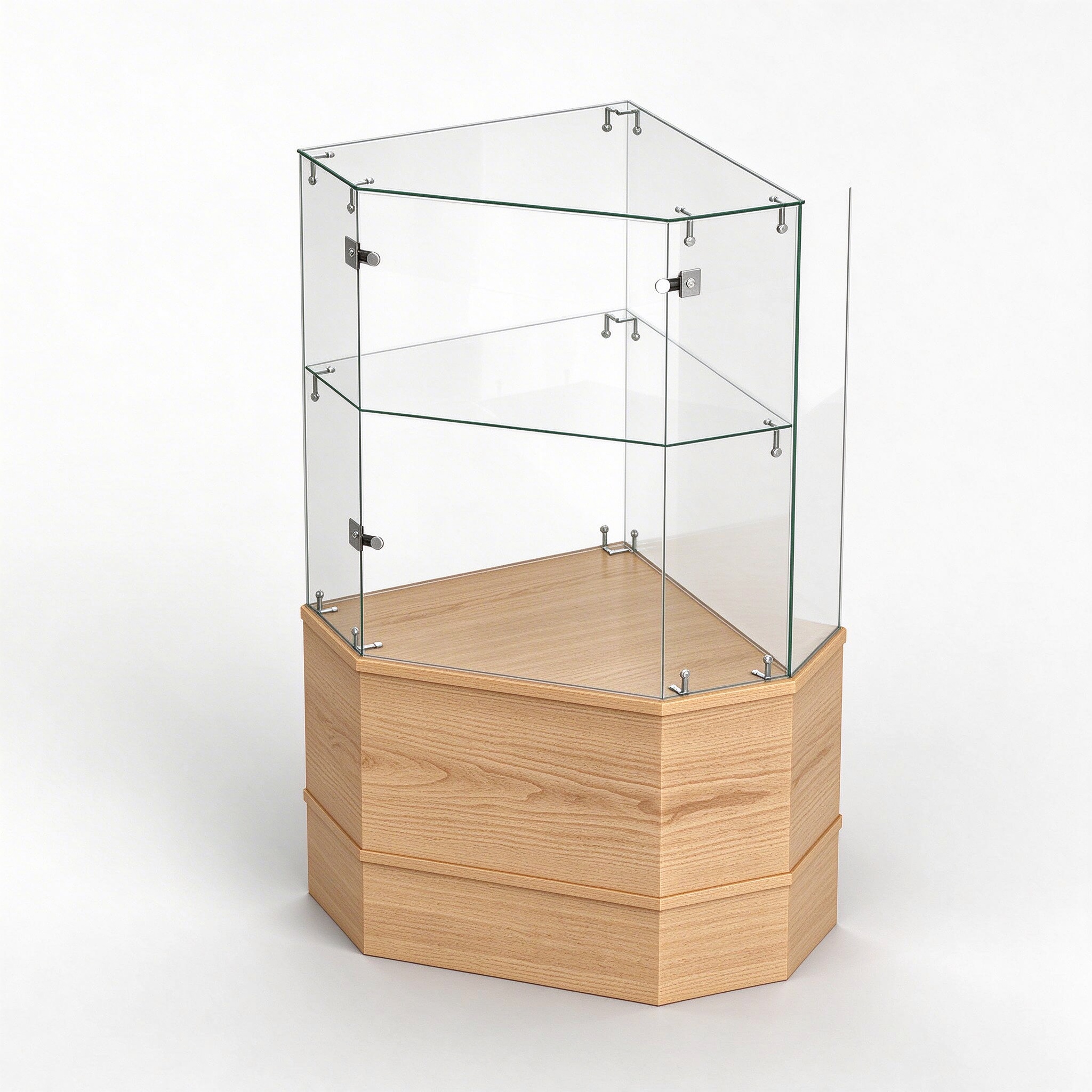 Corner wooden display case frameless glass right 45 degree view