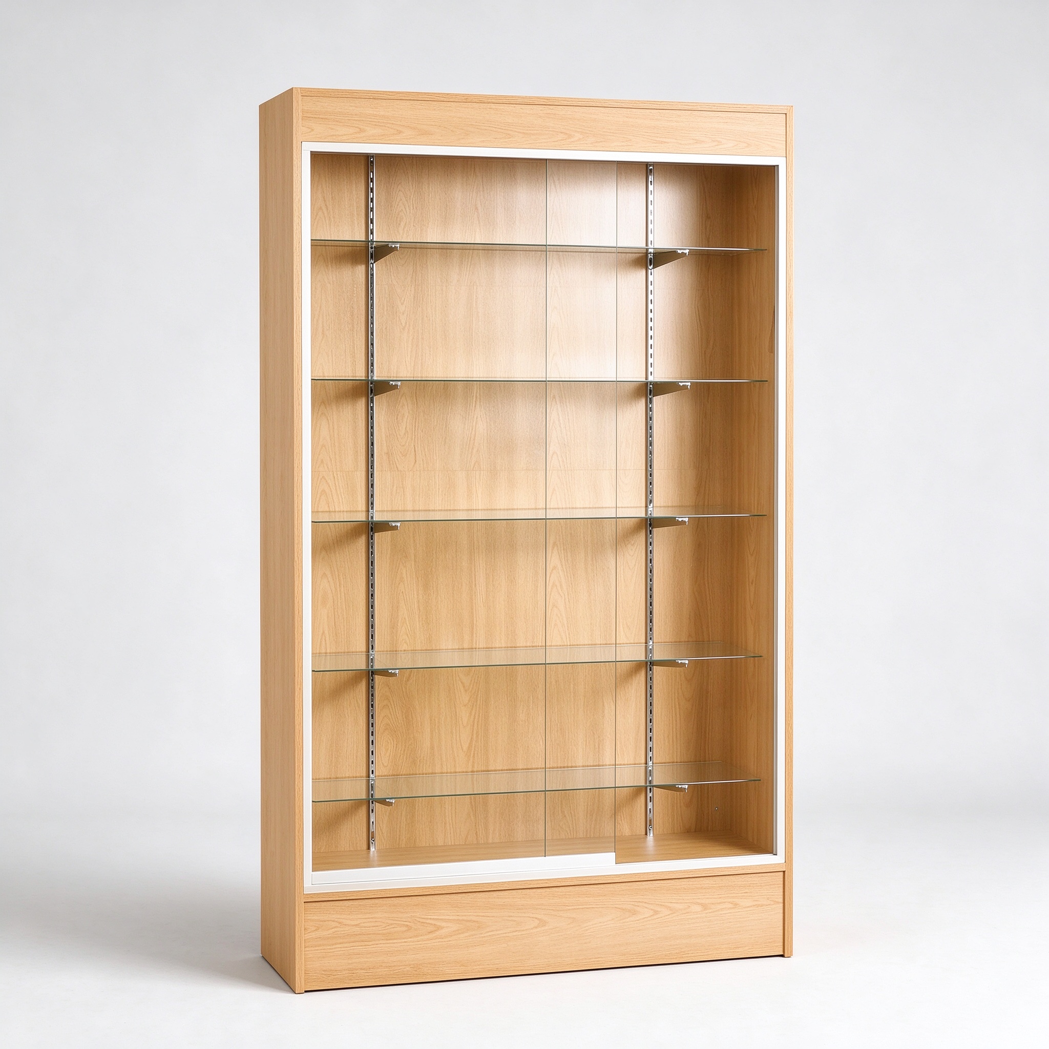 North American oak wood glass display cabinet left 45 degree view