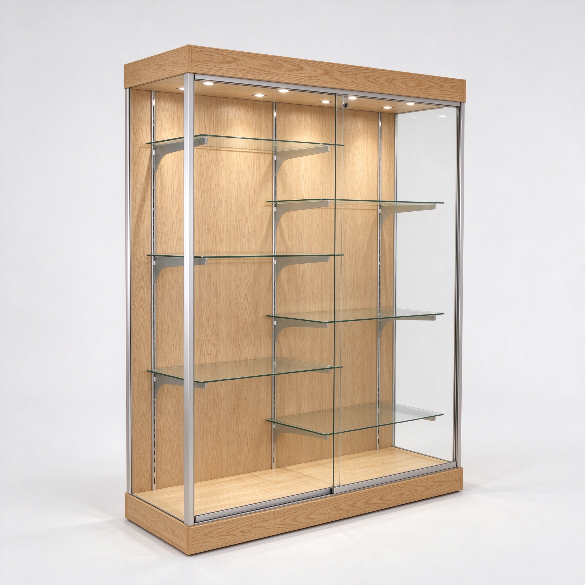 Oak wood glass display showcase cabinet left 45 degree view
