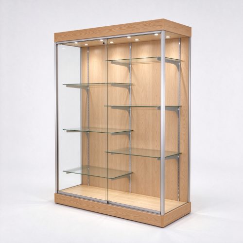 Oak wood glass display showcase cabinet right 45 degree view