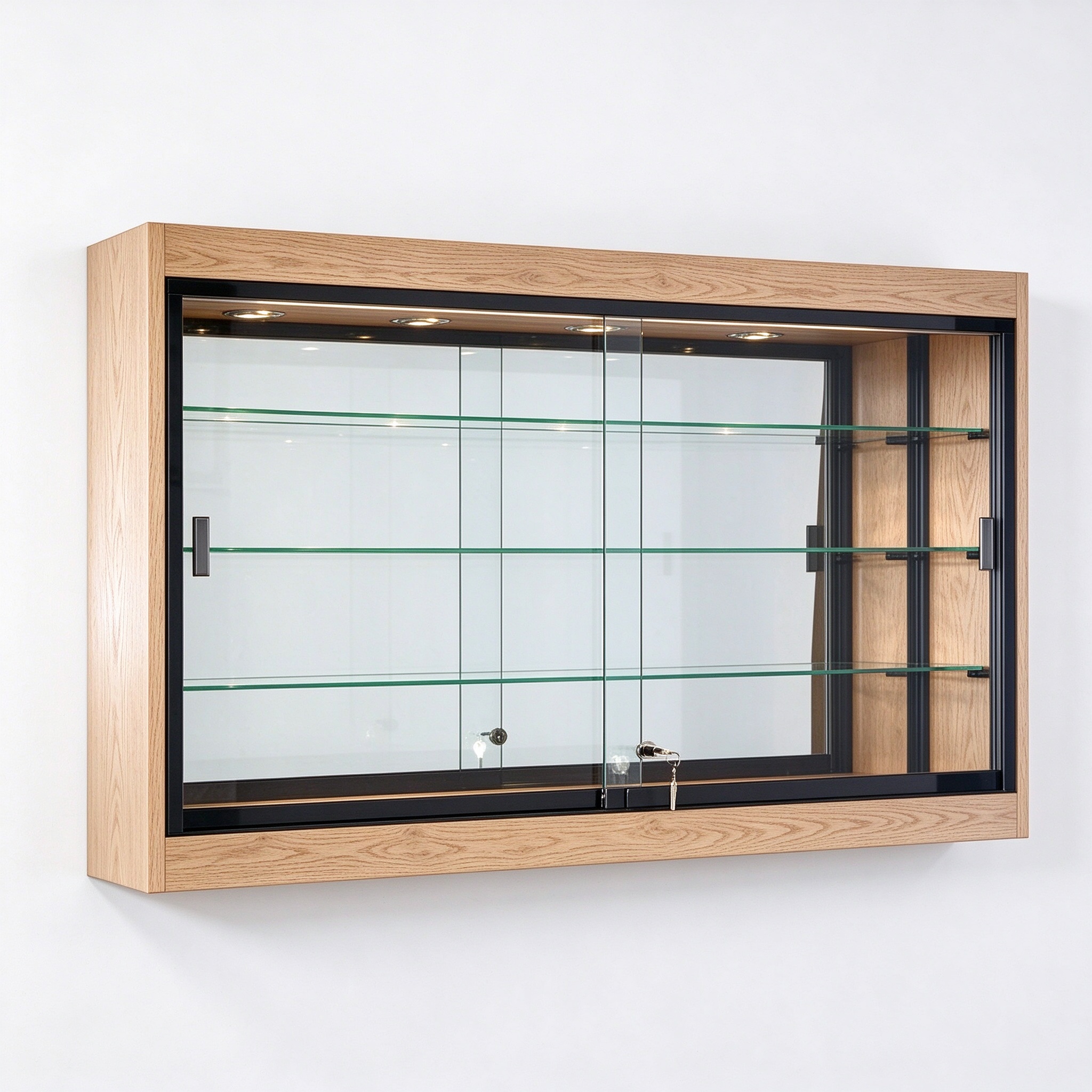 White oak wall mounted glass display showcase left 45 degree view