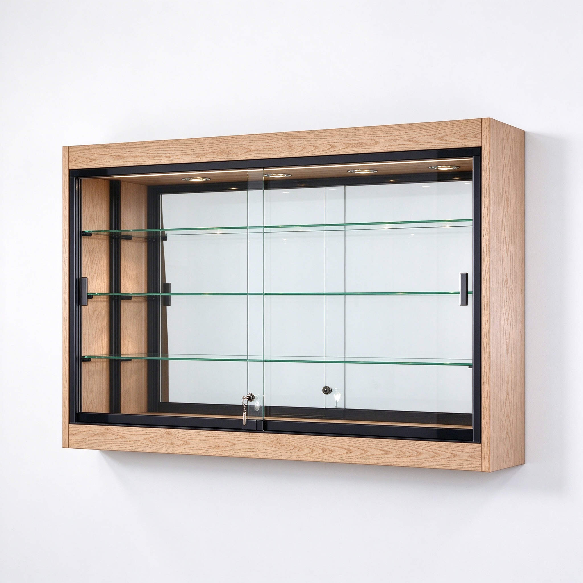 White oak wall mounted glass display showcase right 45 degree view